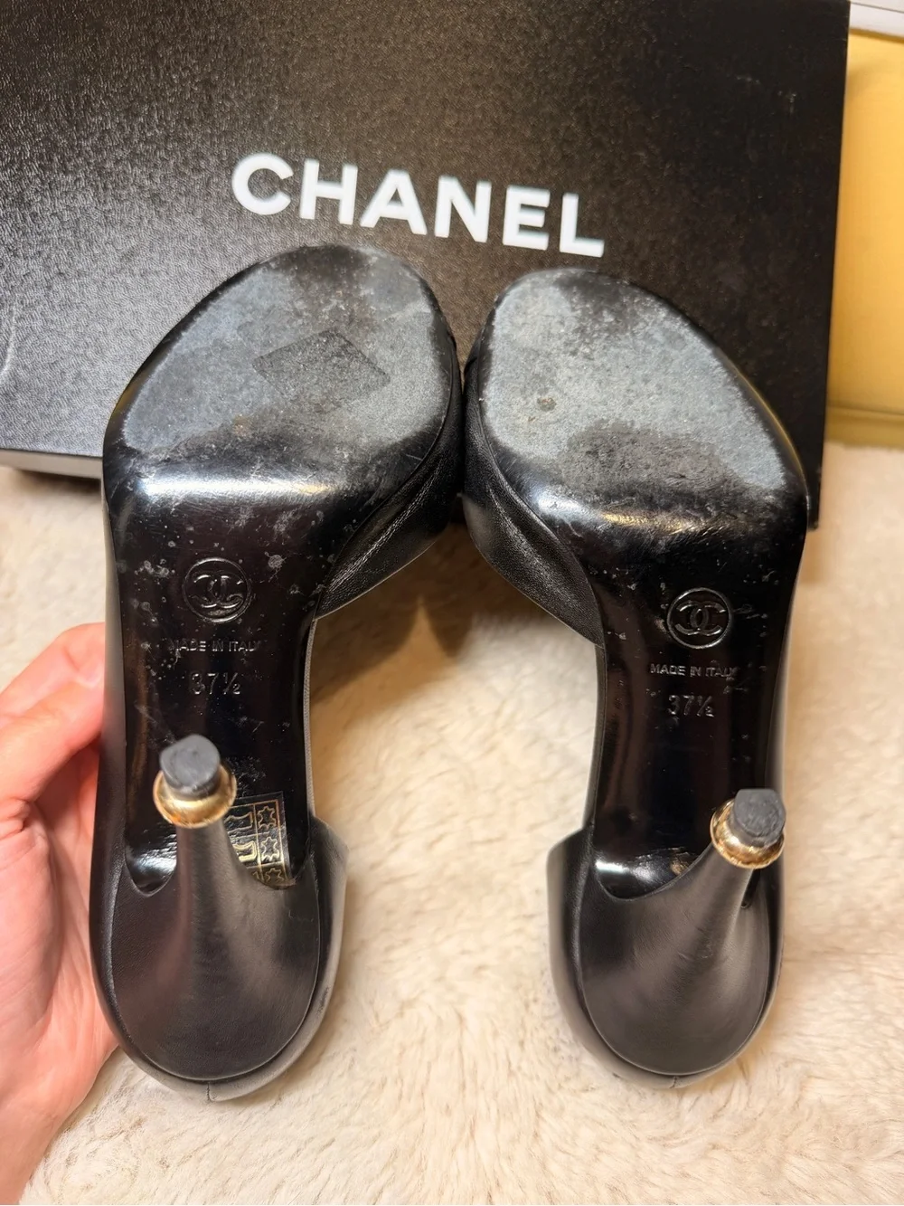 Pre-Loved Authentic Chanel Black Camellia Leather Pumps